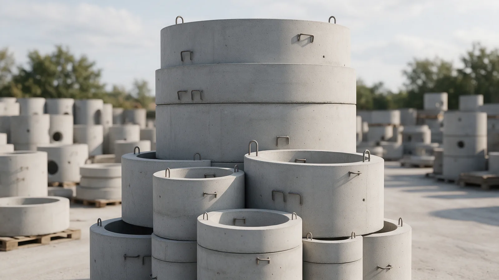 Inele de cămin din beton, de înălțimi diferite, stivuite în depozit
